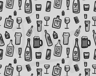 Alkoholische Getränke | Nahtloses Muster: Stoff, Becher, Tapete, Geschenkpapier (Digitale Datei)