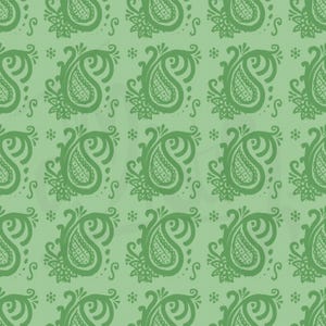 May include: A seamless pattern featuring a repeating paisley design in shades of green. The paisley elements are detailed with intricate patterns and floral accents, creating a visually rich and textured surface. The background is a lighter shade of green.