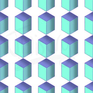 May include: A repeating pattern of three-dimensional cubes. Each cube has a teal-colored body and a purple top. The cubes are evenly spaced against a white background, creating a geometric design.