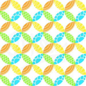 May include: A repeating pattern of overlapping, colorful, oval shapes. The design features orange, yellow, green, and blue elements, each with internal details. The background is white, creating a vibrant and eye-catching visual.