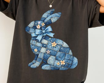 Conejo de Pascua de retazos de mezclilla PNG, Conejo de mezclilla azul para sublimación (Descarga digital)