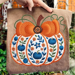 Fall Pumpkin Embroidery png, Blue and Orange Pumpkin Embroidered Design, Autumn Harvest Sublimation File, Cozy Fall png