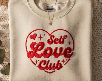 Archivo de bordado del Club del Amor Propio, Diseño de bordado de corazón de San Valentín, Bordado a máquina con frase de autocuidado, Bordado del Club del Amor