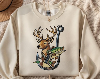 Archivo de bordado de ciervo, pez y pato, diseño de bordado a máquina para caza y pesca, patrón de bordado de vida silvestre al aire libre