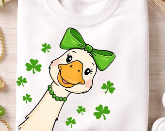 Lindo pato de San Patricio PNG, diseño de sublimación de pato trébol con lazo verde, pato de la suerte irlandés PNG, descarga digital