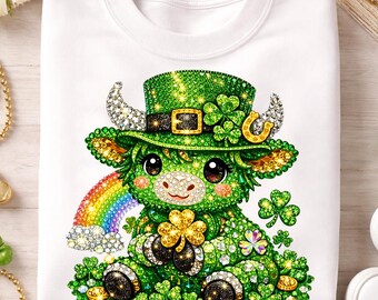 Vaca linda de San Patricio PNG, diseño de sublimación de vaca de las Tierras Altas con trébol, vaca duende PNG, descarga digital irlandesa verde