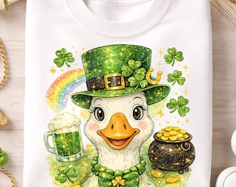 Lindo pato de San Patricio PNG, diseño de sublimación de pato duende, trébol irlandés PNG, descarga digital verde de la suerte