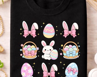 Paquete PNG de conejito de Pascua, lindo conjunto de imágenes prediseñadas de huevos de Pascua, orejas de conejo pastel y cesta PNG, archivo de diseño de sublimación, descarga instantánea
