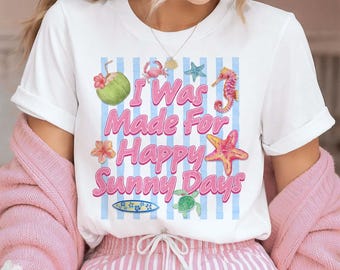 Diseño PNG de camiseta con temática retro de días soleados y felices, estilo veraniego, para sublimación (descarga digital).