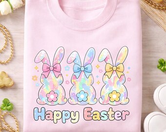 Trío de conejitos de Pascua en tonos pastel (PNG), diseño para camiseta de primavera (descarga instantánea)