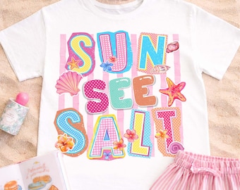 Sal marina y sol PNG, camiseta retro de verano PNG, diseño playero Salty Soul, camiseta pastel linda para chicas PNG, diseño de camiseta de playa, descarga instantánea