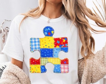 Pieza de rompecabezas de autismo PNG, estilo patchwork PNG, diseño de rompecabezas de tela cosida, sublimación de concienciación sobre el autismo PNG, rompecabezas de autismo PNG