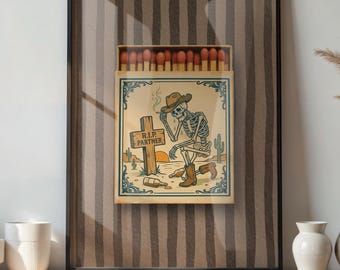 RIP Cowboy Skeleton Art Print, Vintage Matchbook, Western Gothic Decor