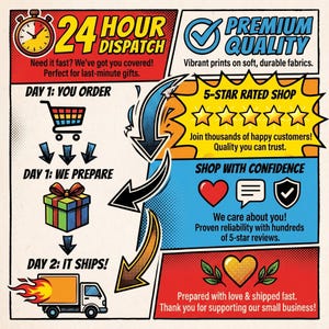 May include: An illustrated graphic detailing the order and shipping process, with text including "24 Hour Dispatch" and "Premium Quality." The image shows a shopping cart, gift box, and delivery truck, highlighting fast shipping and quality.