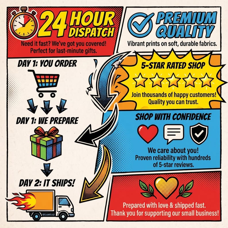 May include: An illustrated graphic detailing the order and shipping process, with text including "24 Hour Dispatch" and "Premium Quality." The image shows a shopping cart, gift box, and delivery truck, highlighting fast shipping and quality.