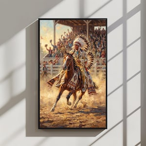 May include: A framed painting depicts a Native American rider on a brown horse in a rodeo setting. The rider wears a feathered headdress and traditional clothing. A crowd cheers in the background. The artwork is rich in detail, with warm colors and a sense of movement.