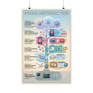 Peut inclure: Une affiche intitulée "Arbre des réseaux sociaux" présente une infographie colorée. Le schéma en arbre illustre l'évolution des médias sociaux, avec des branches pour l'IA, les plateformes en temps réel, les médias visuels, les réseaux, la messagerie, les forums et la communication numérique.
