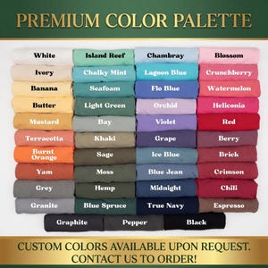 May include: A colour palette chart displaying a range of fabric colours, including white, ivory, and black. The chart shows a variety of hues, from light pastels to deep, rich tones. Text at the top reads "PREMIUM COLOR PALETTE."