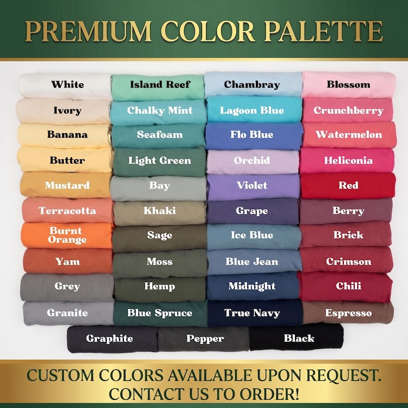 May include: A colour palette chart displaying a range of fabric colours, including white, ivory, and black. The chart shows a variety of hues, from light pastels to deep, rich tones. Text at the top reads "PREMIUM COLOR PALETTE."
