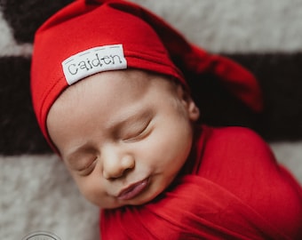 RED small TAG hat: personalized baby hat, Baby name hat, newborn hat, personalized hat, photography prop, name hat, knots, hospital hat