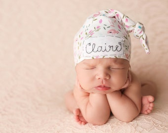 PINK FLAMINGO FLORAL: Name hat, personalized hat, knot beanie, photography prop, baby hat, knots, newborn photography prop, hospital hat