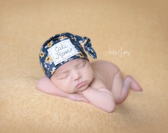 SUNFLOWER FLORAL: newborn hat, name hat, personalized hat, knot beanie, baby hat, knots, newborn photography prop, hospital hat