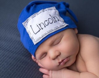 BOLD BLUE: Baby name hat, newborn hat, declan hat, personalized hat, knot beanie, photography prop, name hat, knots, hospital hat