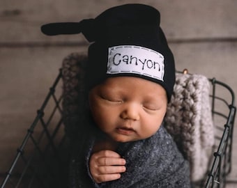 BLACK: newborn hat-personalized baby hat-baby name hat-newborn name hat-personalized newborn hat-hospital hat-baby announcement-knots