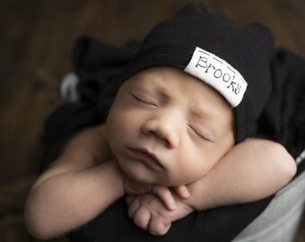 BLACK small TAG name hat: newborn hat-personalized baby hat-baby name hat-newborn name hat-personalized newborn hat-hospital hat-knots