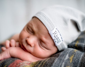 SOFT GREY small name TAG hat: newborn hat - personalized baby hat-baby name hat-newborn name hat-newborn hat-hospital hat-coming home outfit