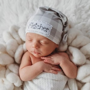 GREY BUFFALO CHECK: Name hat, personalized hat, knot beanie, photography prop, baby hat, knots, newborn photography prop, hospital hat,knots