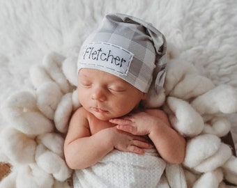 GREY BUFFALO CHECK: Name hat, personalized hat, knot beanie, photography prop, baby hat, knots, newborn photography prop, hospital hat,knots