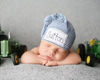 SKINNY NAVY stripe: personalized baby hat-baby name hat-newborn name hat-personalized newborn hat-hospital hat-baby announcement-boy hat