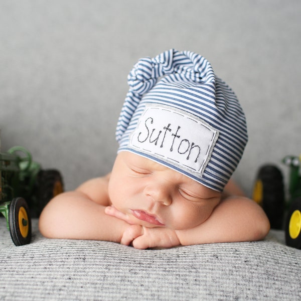 SKINNY NAVY stripe: personalized baby hat-baby name hat-newborn name hat-personalized newborn hat-hospital hat-baby announcement-boy hat