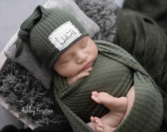 MOSS GREEN WAFFLE knit: newborn hat-personalized baby hat-baby name hat-newborn name hat-personalized newborn hat-hospital hat-home outfit