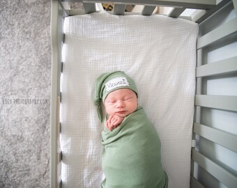 SAGE GREEN: Baby name hat, personalized hat, newborn hat, photography prop, name hat, knots,baby shower gift,coming home outfit,hospital hat