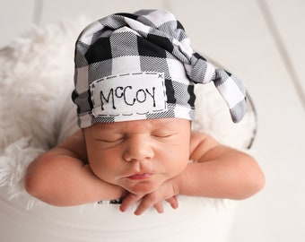 BLACK & WHITE BUFFALO plaid: personalized baby hat-baby name hat-newborn name hat-personalized newborn hat-hospital hat-coming home outfit