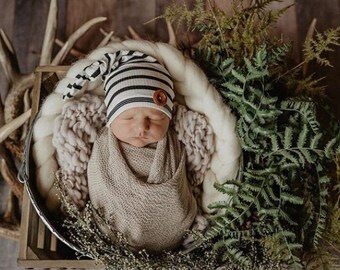 Button beanie, striped hat, knots, upcycle hat, newborn photography prop, photo prop