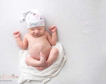 Personalized Embroidered Newborn Baby Hat: 100% cotton pink grey floral print