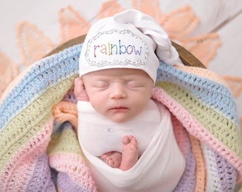 Personalized Embroidered Custom Rainbow Newborn Baby Hat: Cotton jersey fabrics
