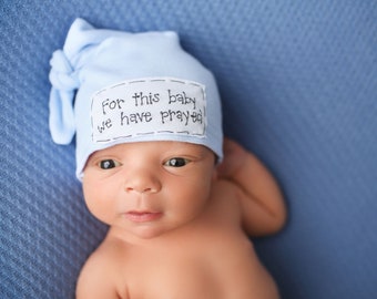 BABY WE PRAYED: name hat, knots hat, newborn hat, newborn photo prop, custom hat, baby shower gift, for this child we have prayed