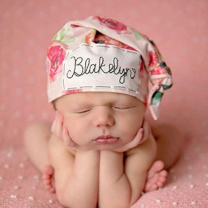 PINK DOT FLORAL: newborn hat personalized baby hat baby name hat newborn name hat personalized newborn hat-hospital hat-baby girl hat image 3