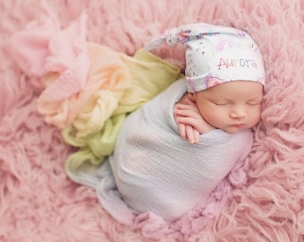 RAINBOW PRINT: baby name hat, knot beanie, newborn hat, baby hat, KNOTS, photo prop, hospital hat, rainbow baby, name hat, name announcement