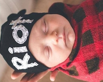 BLACK "JACK" hat:personalized hat, personalized baby hat, hospital hat, knot beanie, newborn hat, custom hat, baby shower gift, baby boy hat