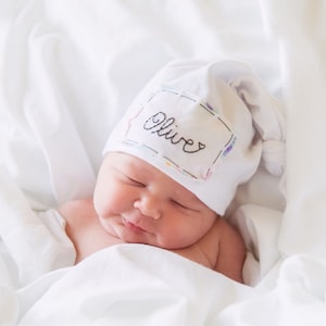 BRIGHT WHITE: personalized hat-baby name hat-newborn name hat-personalized newborn hat-hospital hat-coming home outfit-knots-photoprop