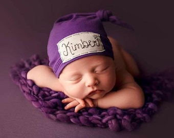 PURPLE: newborn hat - baby name hat - newborn name hat - personalized newborn hat - hospital hat - coming home outfit - knots -baby girl hat