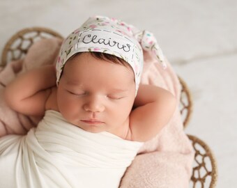 PINK FLAMINGO FLORAL: Name hat, personalized hat, knot beanie, photography prop, baby hat, knots, newborn photography prop, hospital hat