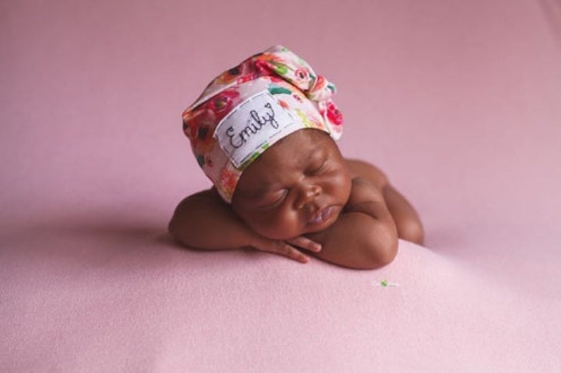 PINK DOT FLORAL: newborn hat personalized baby hat baby name hat newborn name hat personalized newborn hat-hospital hat-baby girl hat image 2