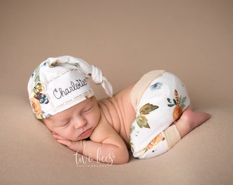 CREAM FLORAL: Personalized baby hat, knots name hat, newborn hat, baby hat, hospital hat, birth announcement, newborn photo prop, girl hat