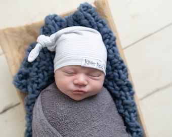 Skinny GREY & WHITE stripe small TAG hat: personalized baby hat,baby name hat,newborn name hat,personalizednewborn hat,hospital hat, knots